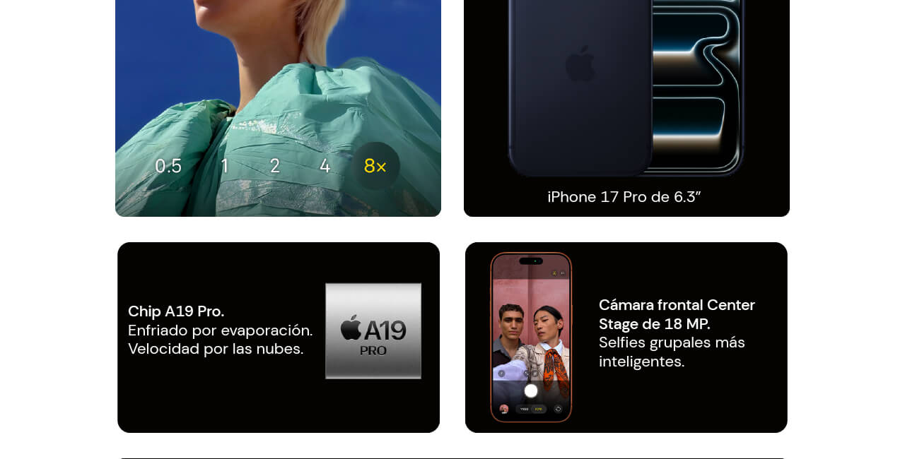 iPhone 17 Pro con un chip A19 Pro y una cámara frontal de 18 MP