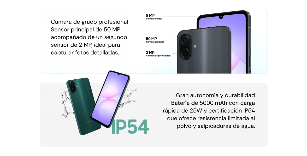 Cámara dual de alta resolución: sensor principal de 50 MP acompañado de un segundo sensor de 2 MP