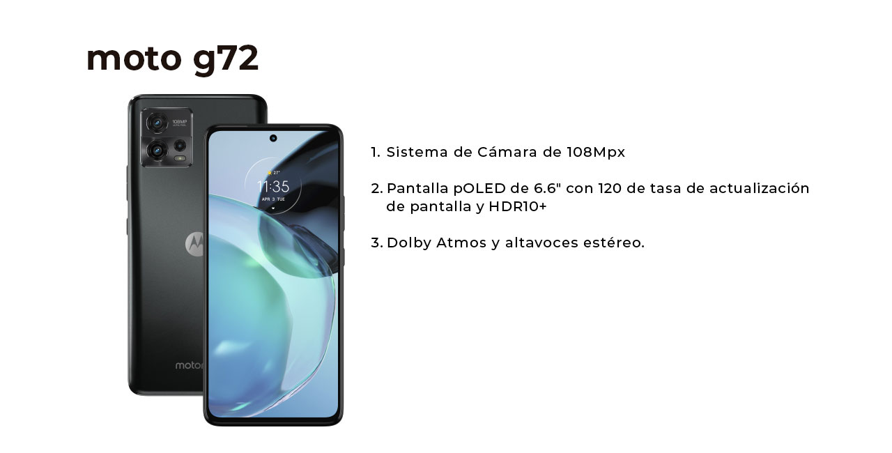 Motorola G72, cámara de 108mpx, pantalla ppoled de 6.6 pulgadas y altavoces estérea dolby atmos