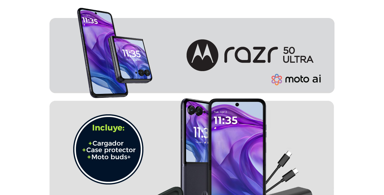 Motorola Razr 50 ultra: incluye cargador, case protector y moto buds+
