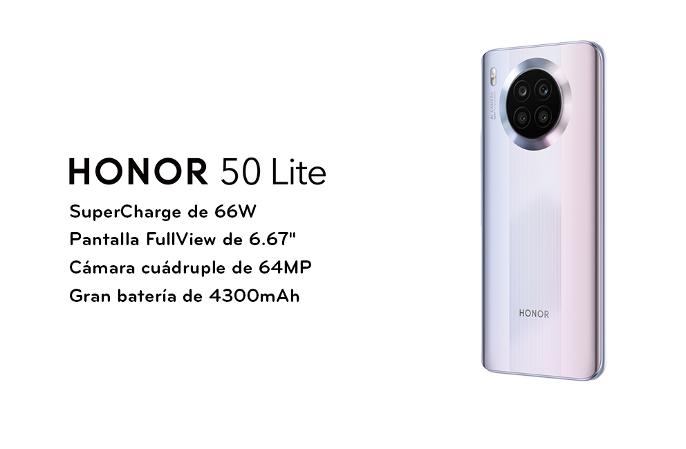 Honor 50 Lite: SuperCharge de 66W, pantalla HONOR FullView de 6.67", Cámara cuádruple de 64MP y gran batería de 4300mAh
