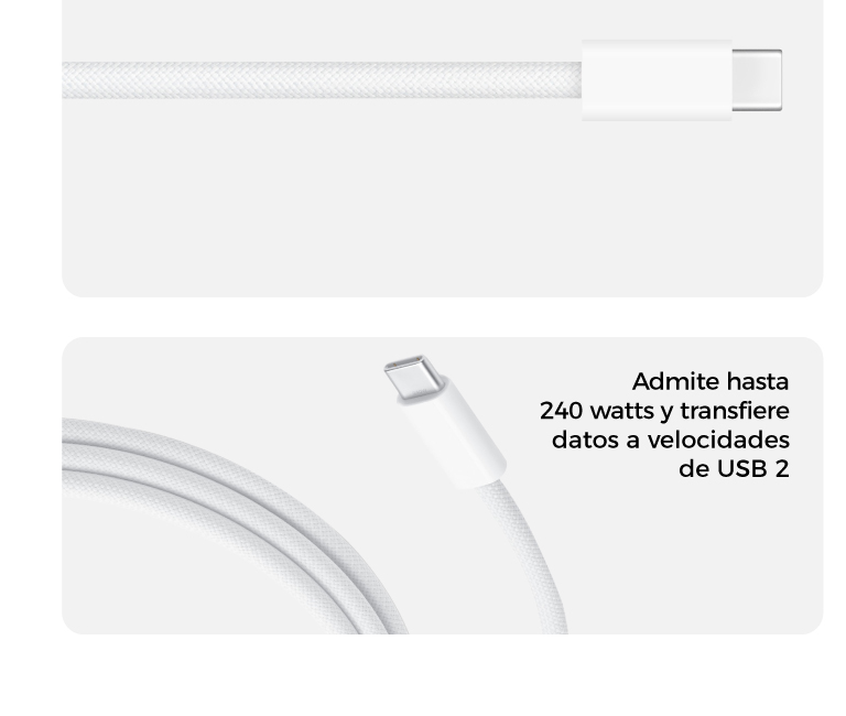 Admite hasta 240 watts y transfiere datos a velocidades de USB 2