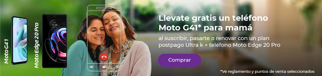 Al suscribir un plan postpago Ultra k + el Moto Edge 20 Pro, te llevás gratis un teléfono Moto G41 para mamá, compralo acá