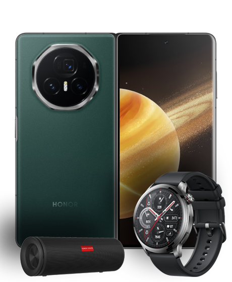 HONOR Magic V3 Pro vista frontal, trasera y dos regalos