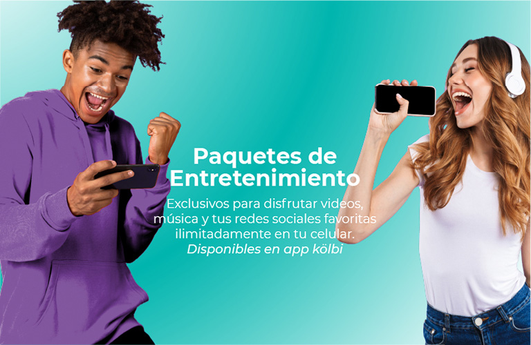 Paquetes de Entretenimiento: exclusivos para disfrutar videos, música y tus redes favoritas ilimitadamente en tu celular. Disponibles en app kölbi. Descargala acá