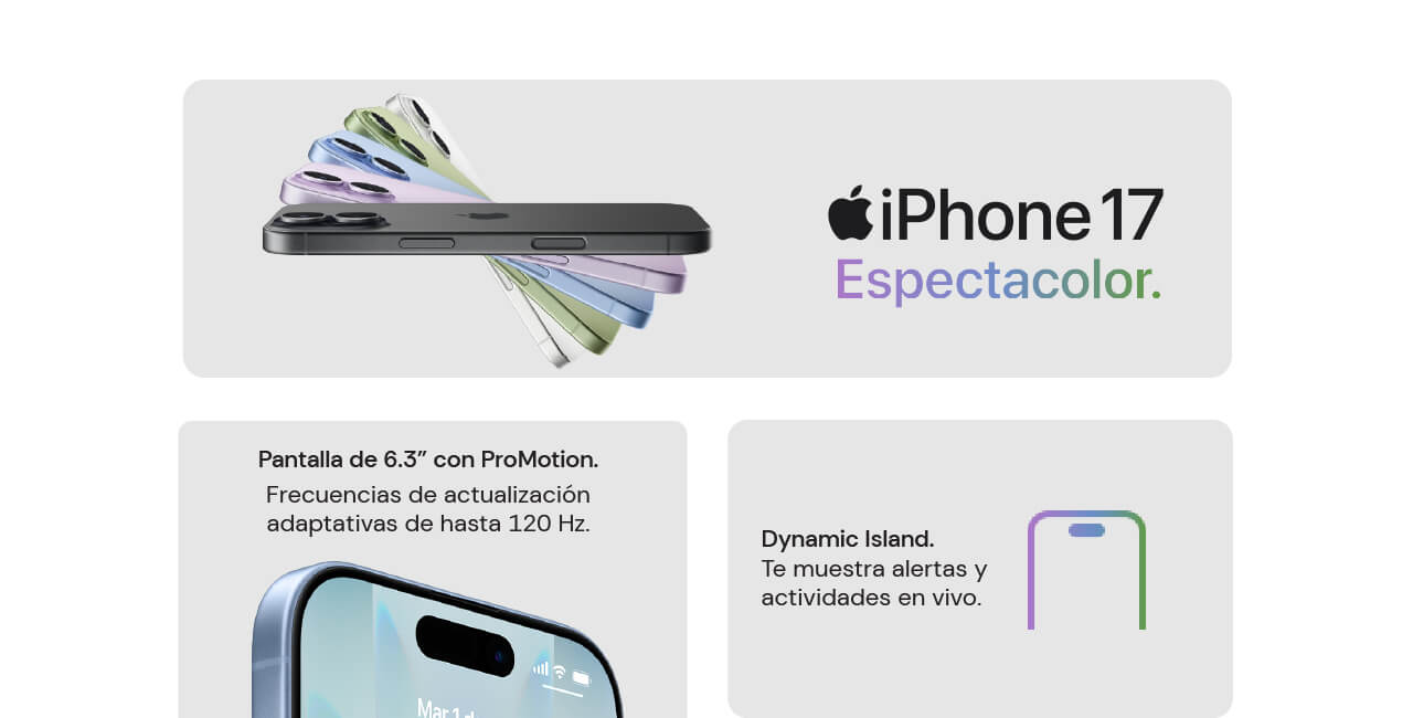 iPhone 17 espectacolor con pantalla de 6,3 pulgadas con pro motion
