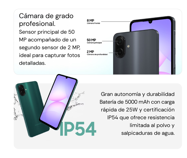 Cámara dual de alta resolución: sensor principal de 50 MP acompañado de un segundo sensor de 2 MP