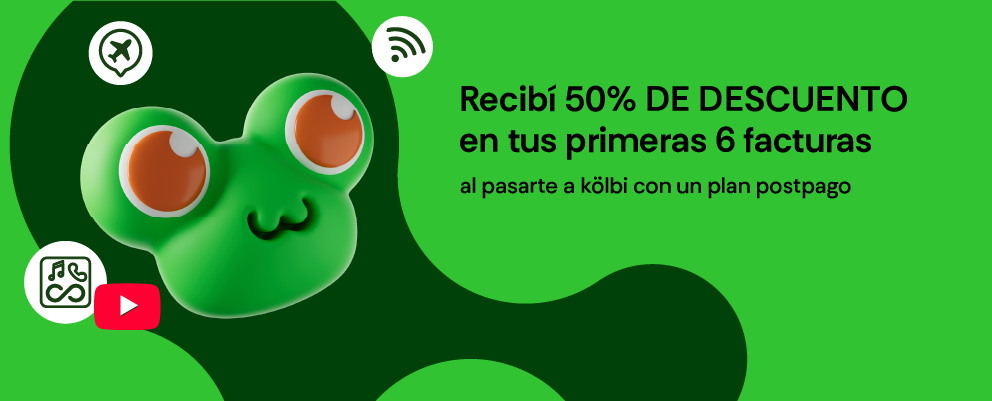 Recibí 50% de descuento en tus primeras 6 facturas al pasarte a kölbi con un plan postpago