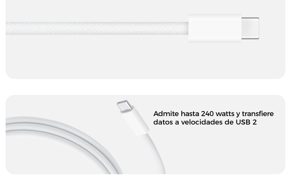 Admite hasta 240 watts y transfiere datos a velocidades de USB 2