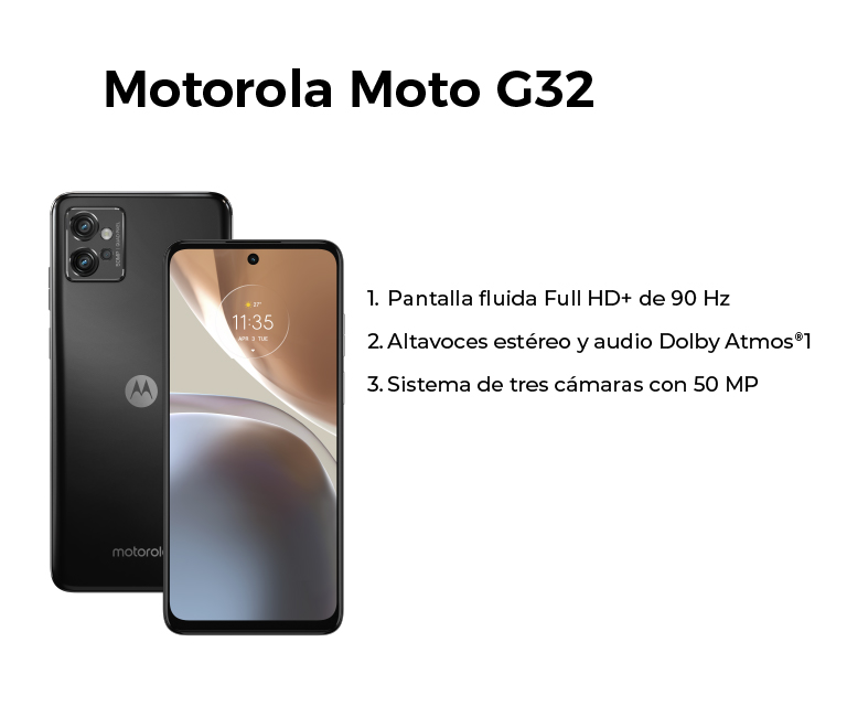 Motorola G32, con pantalla full HD, altavoces estéreo y audio dolby atmos y 3 cámaras de 50mp