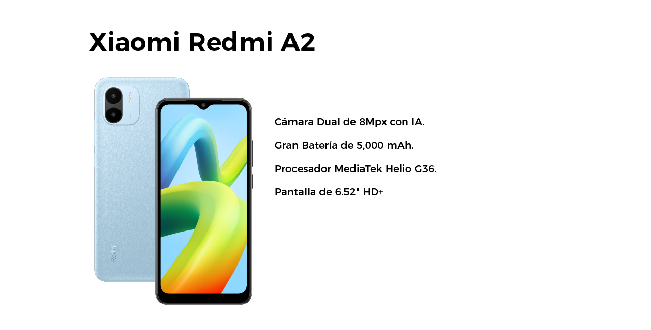 Cámara Dual de 8Mpx, gran batería de 5000 mAh, procesador MediaTek Helio G36 y pantalla de 6.52" HD+