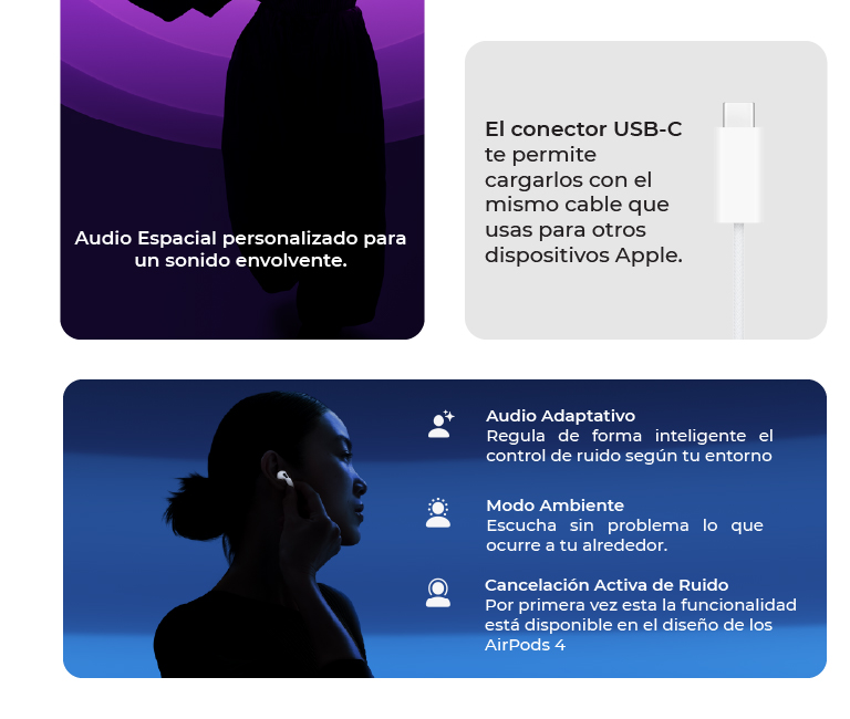 Con conector USB-C, Audio adaptativo y Mordo ambiente para escuchar sin problema