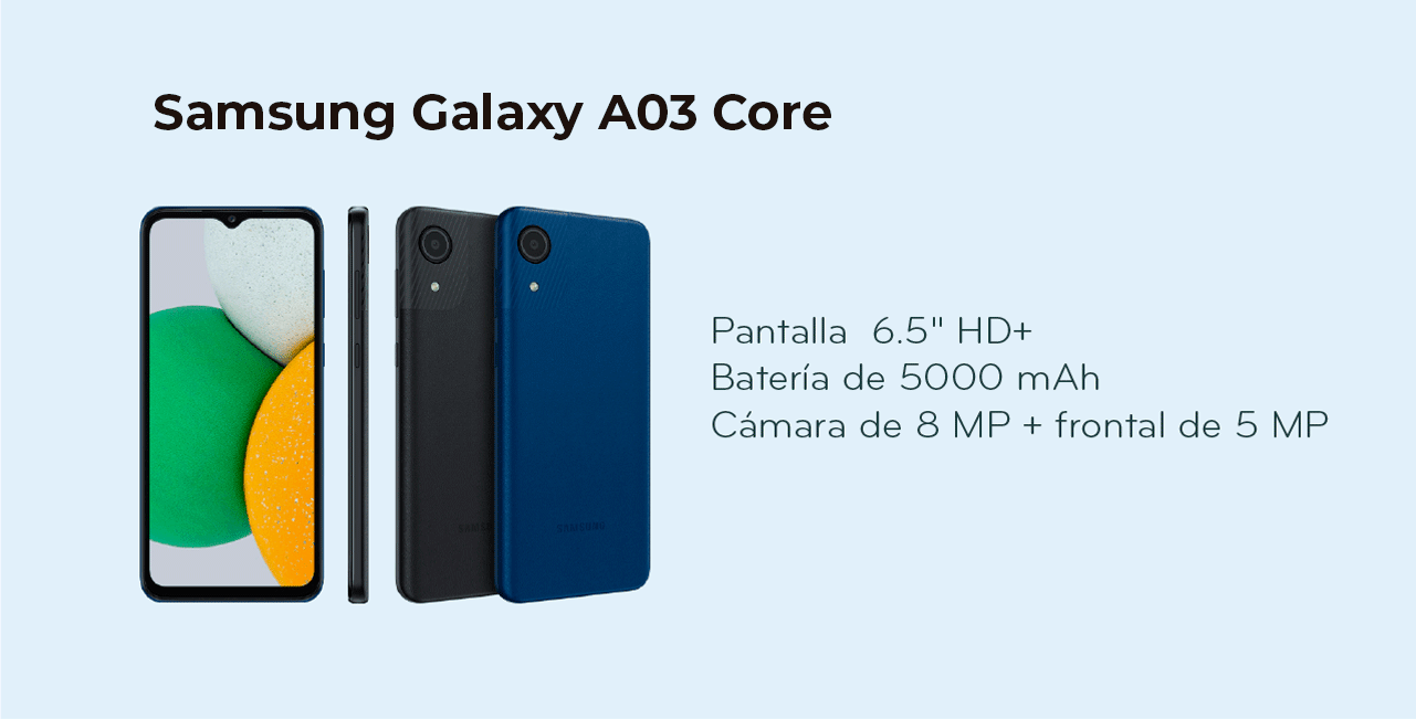Samsung Galaxy A03 Core con pantalla de 6.5 pulgadas HD y cámara de 8mp