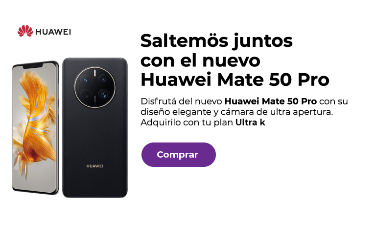 Saltemös juntos con el nuevo Huawei Mate 50 Pro, con su diseño elegante y cámara de ultra apertura. Adquirilo con tu plan Ultra k