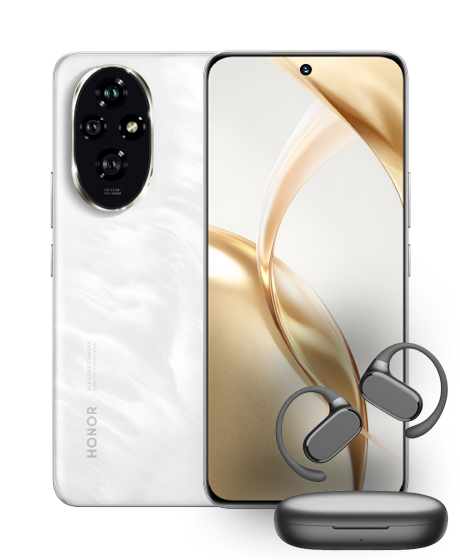 HONOR 200 vista frontal, trasera y audífonos de regalo