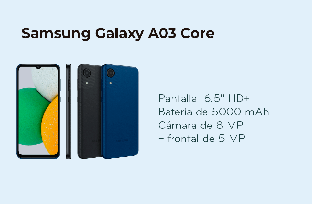 Samsung Galaxy A03 Core con pantalla de 6.5 pulgadas HD y cámara de 8mp
