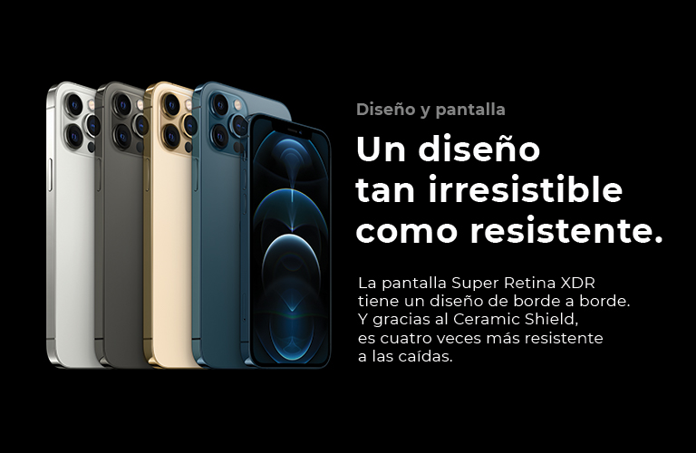 iPhone 12 Pro, un diseño tan irresistible como resistente. La pantalla super retina XDR tiene un diseño de borde a borde. Y gracias al Ceramic Shield, es cuatro veces más resistente a las caídas. 