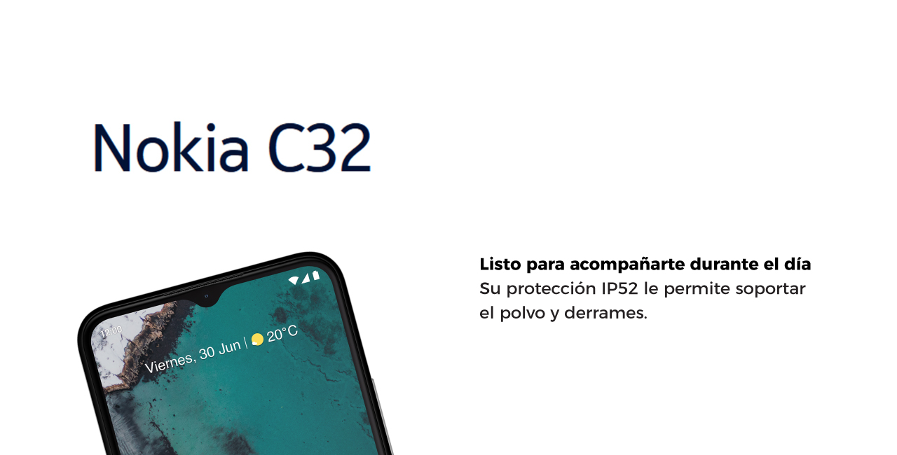 Nokia C32. Su protección IP52 le permite soportar el polvo y derrames