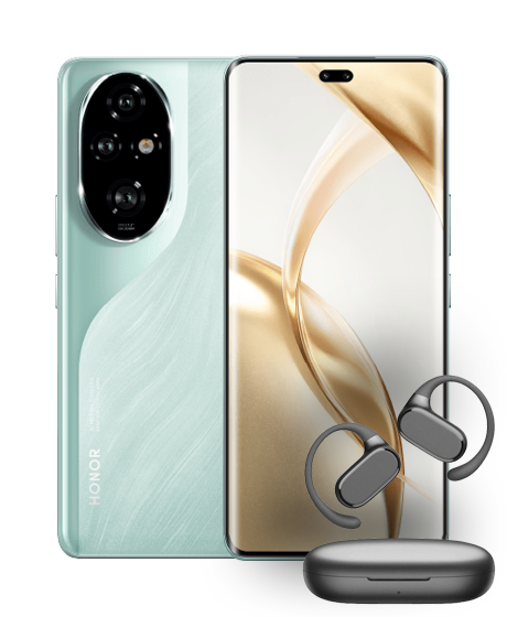 HONOR 200 Pro vista frontal, trasera y audífonos de regalo