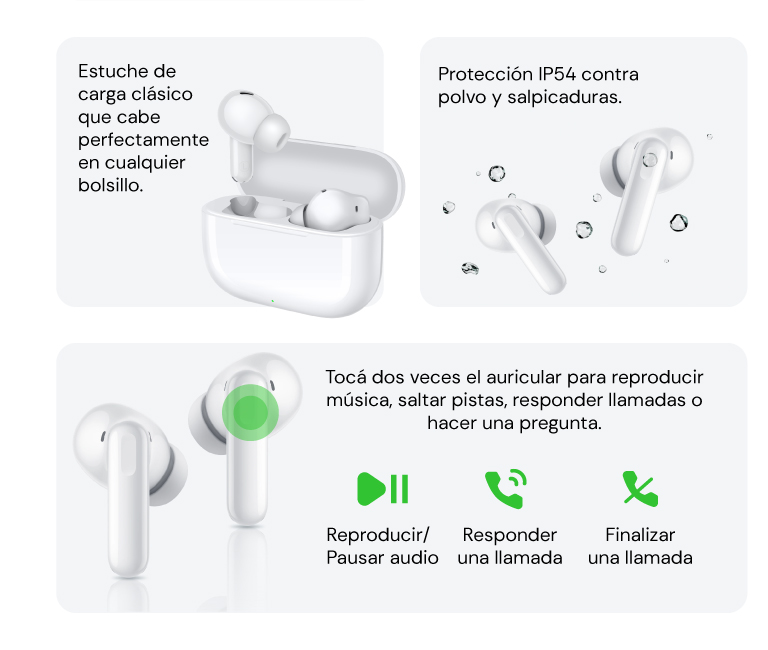 Tocá dos veces el auricular para reproducir música, saltar pistas, responder llamadas o hacer una pregunta