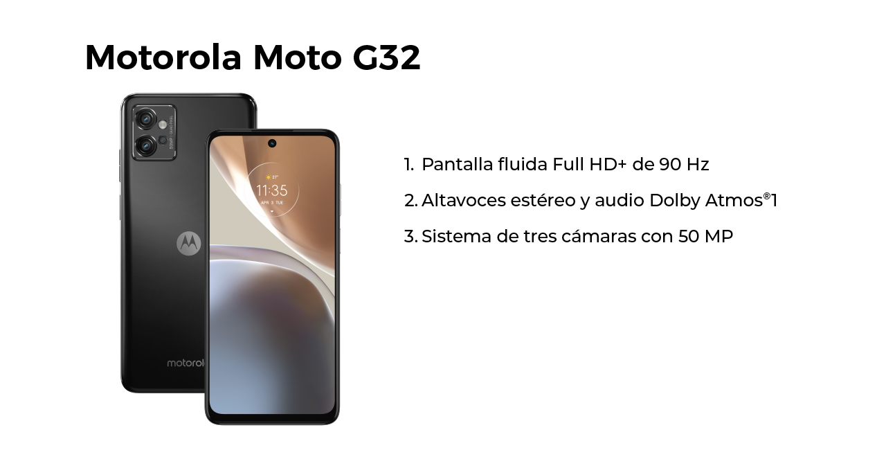 Motorola G32, con pantalla full HD, altavoces estéreo y audio dolby atmos y sistema de 3 cámaras de 50mp