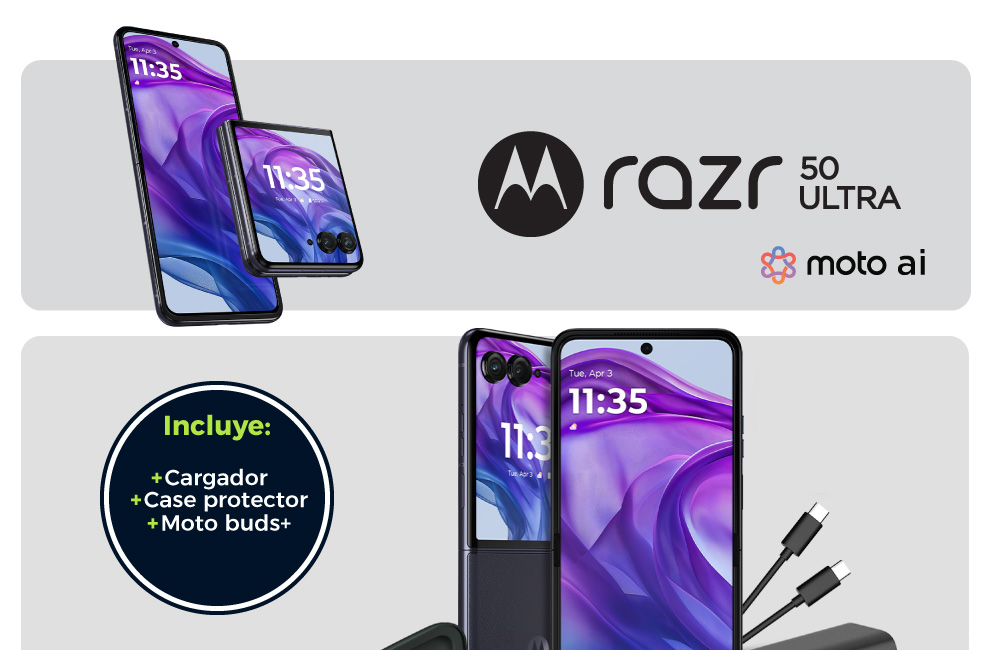 Motorola Razr 50 ultra: incluye cargador, case protector y moto buds