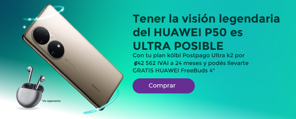 Tener la visión legendaria del Huawei P50 es ULTRA POSIBLE. Llevátelo con tu plan kölbi postpago Ultra k2 por ₡39 167 IVAI a 24 meses y podés llevarte GRATIS HUAWEI FreeBuds 4. Comprar