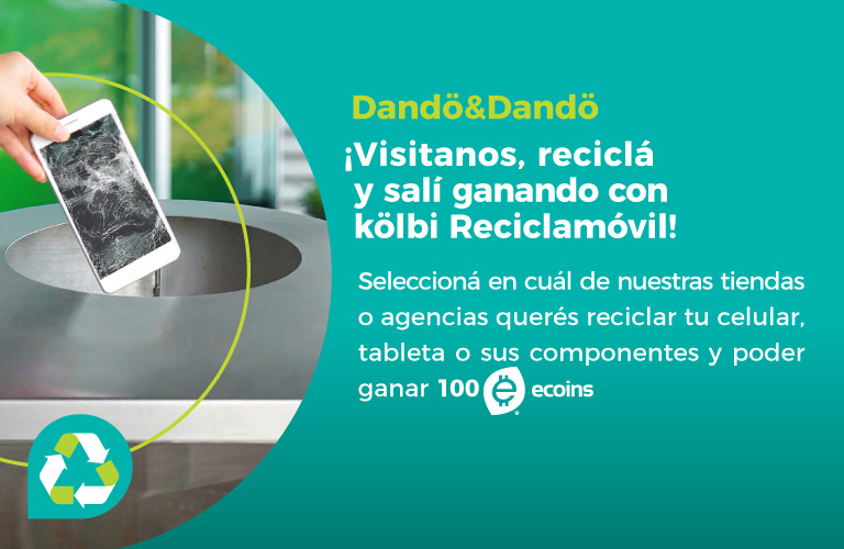 Dando y dando ¡el planeta sale ganando! Con el programa Reciclamóvil, reciclá tu celular viejo en nuestras tiendas kölbi y ganá ecoins canjeables por productos o servicios, ve tiendas acá