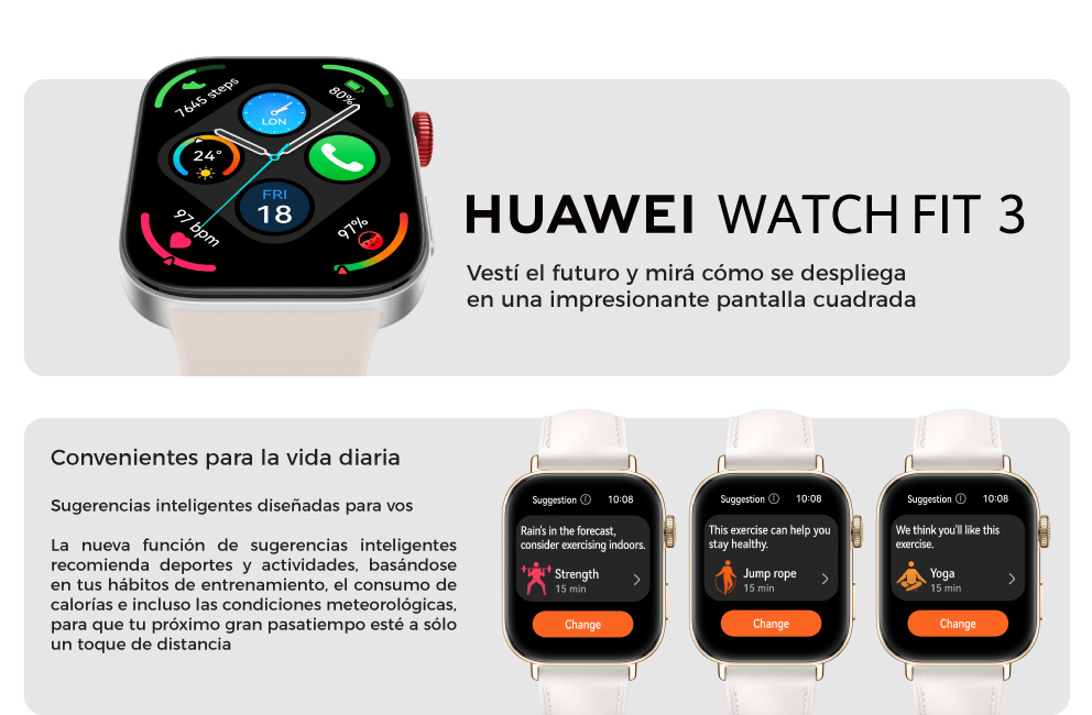 Huawei Watch Fit 3 vestí el futuri y mirá como se despliega en una impresionante pantalla cuadrada