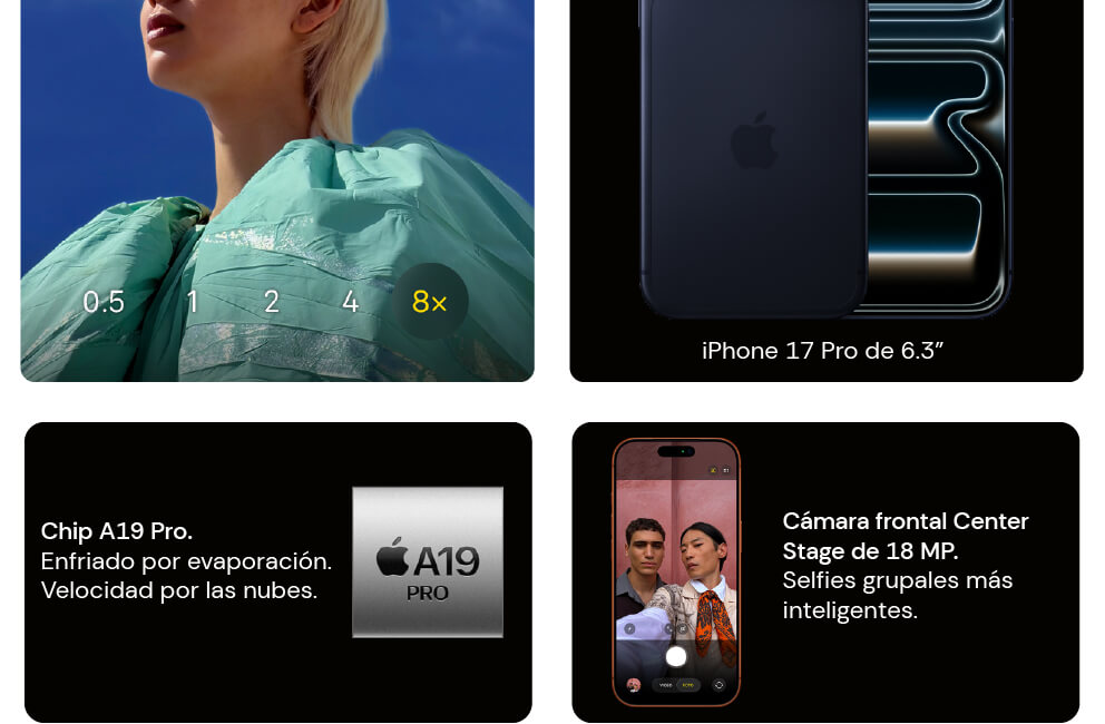 iPhone 17 Pro con un chip A19 Pro y una cámara frontal de 18 MP