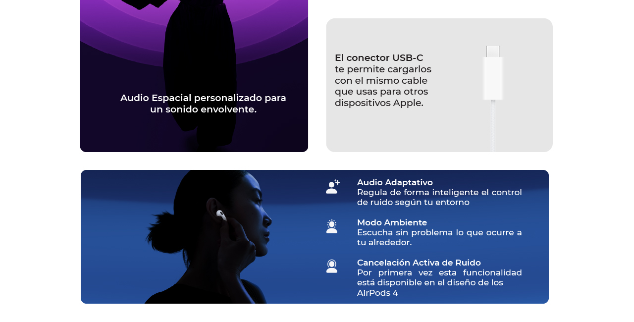 Con conector USB-C, Audio adaptativo y Mordo ambiente para escuchar sin problema
