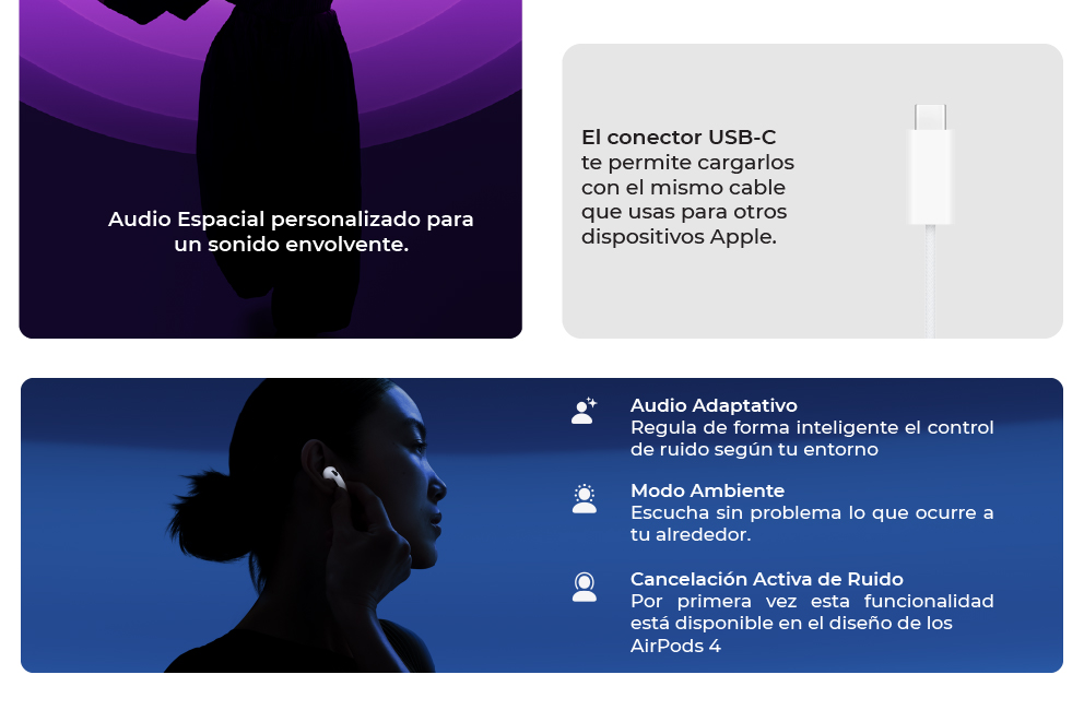 Con conector USB-C, Audio adaptativo y Mordo ambiente para escuchar sin problema