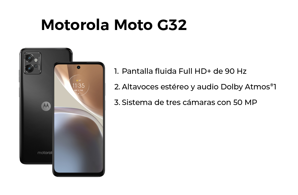 Motorola G32, con pantalla full HD, altavoces estéreo y audio dolby atmos y 3 cámaras de 50mp