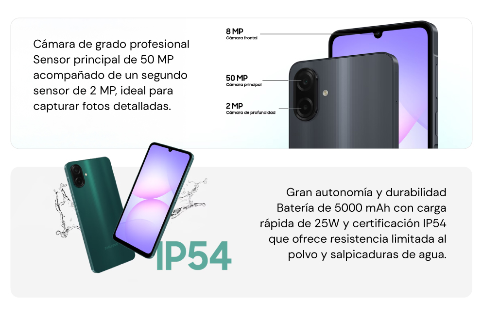 Cámara dual de alta resolución: sensor principal de 50 MP acompañado de un segundo sensor de 2 MP