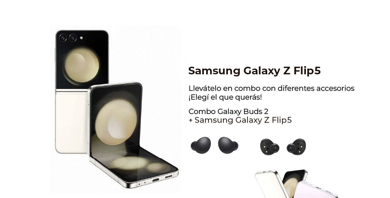 Samsung Galaxy Z Flip5 llevátelo en combo con diferentes accesorios.