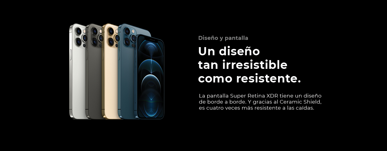 iPhone 12 Pro, un diseño tan irresistible como resistente. La pantalla super retina XDR tiene un diseño de borde a borde. Y gracias al Ceramic Shield, es cuatro veces más resistente a las caídas. 