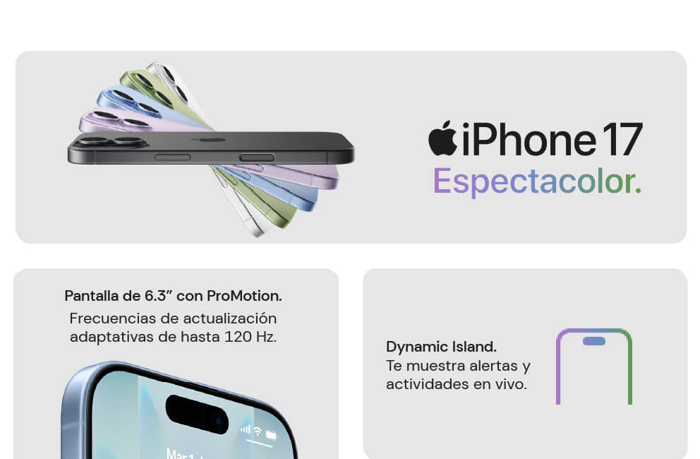 iPhone 17 espectacolor con pantalla de 6,3 pulgadas con pro motion