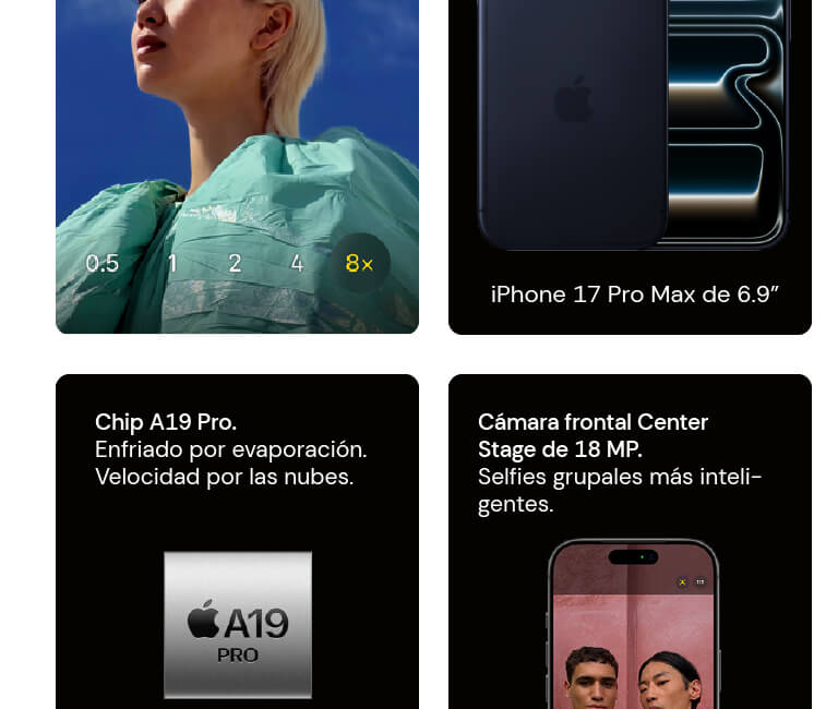 iPhone 17 Pro Max con un chip A19 Pro y una cámara frontal de 18 MP