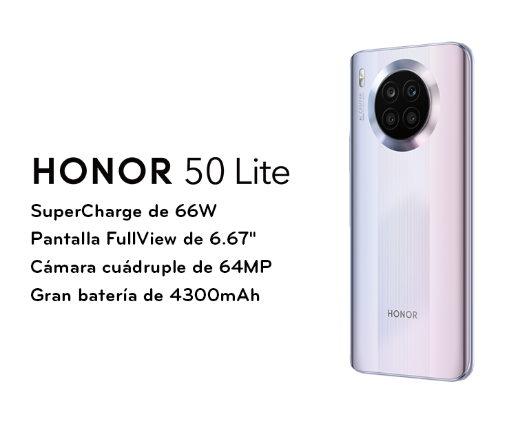 Honor 50 Lite: SuperCharge de 66W, pantalla HONOR FullView de 6.67", Cámara cuádruple de 64MP y gran batería de 4300mAh