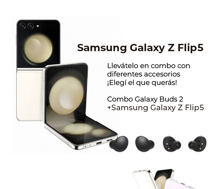 Samsung Galaxy Z Flip5 llevátelo en combo con diferentes accesorios.