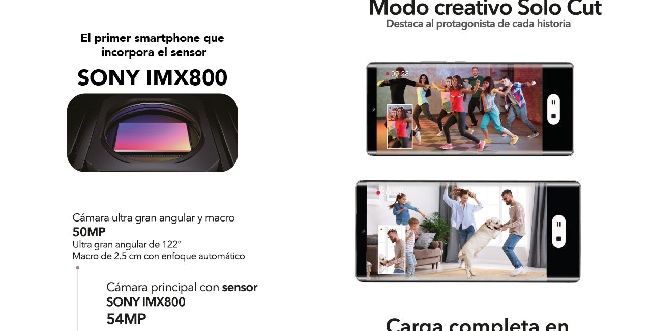 El primer smartphone que incorpora el sensor SONY IMX800. Cámara ultra gran angular y macro 50MP.
